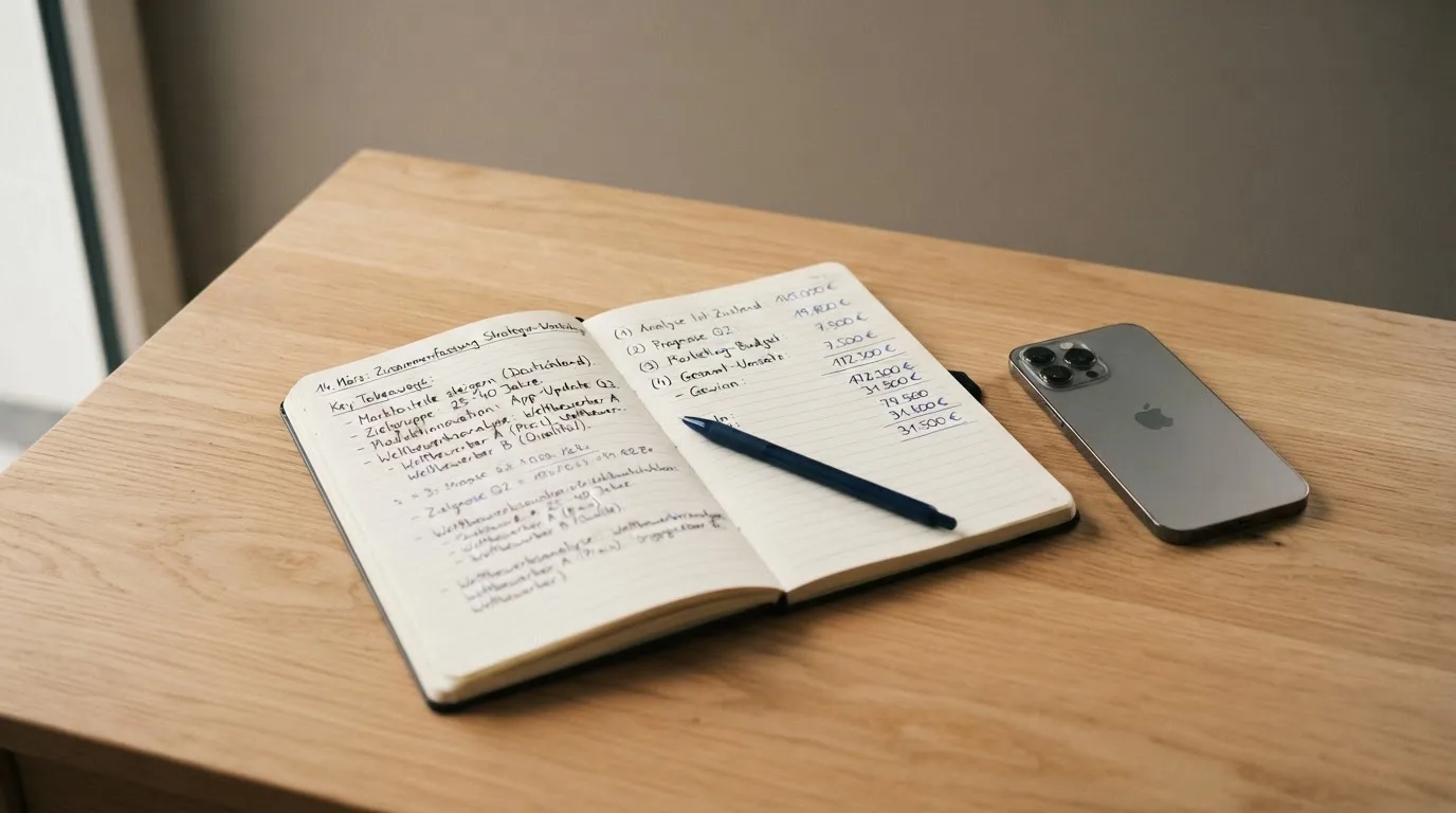 Ein Notizbuch mit handschriftlichen Notizen und ein Taschenrechner liegen auf einem Schreibtisch neben einem Smartphone mit dunklem Display.