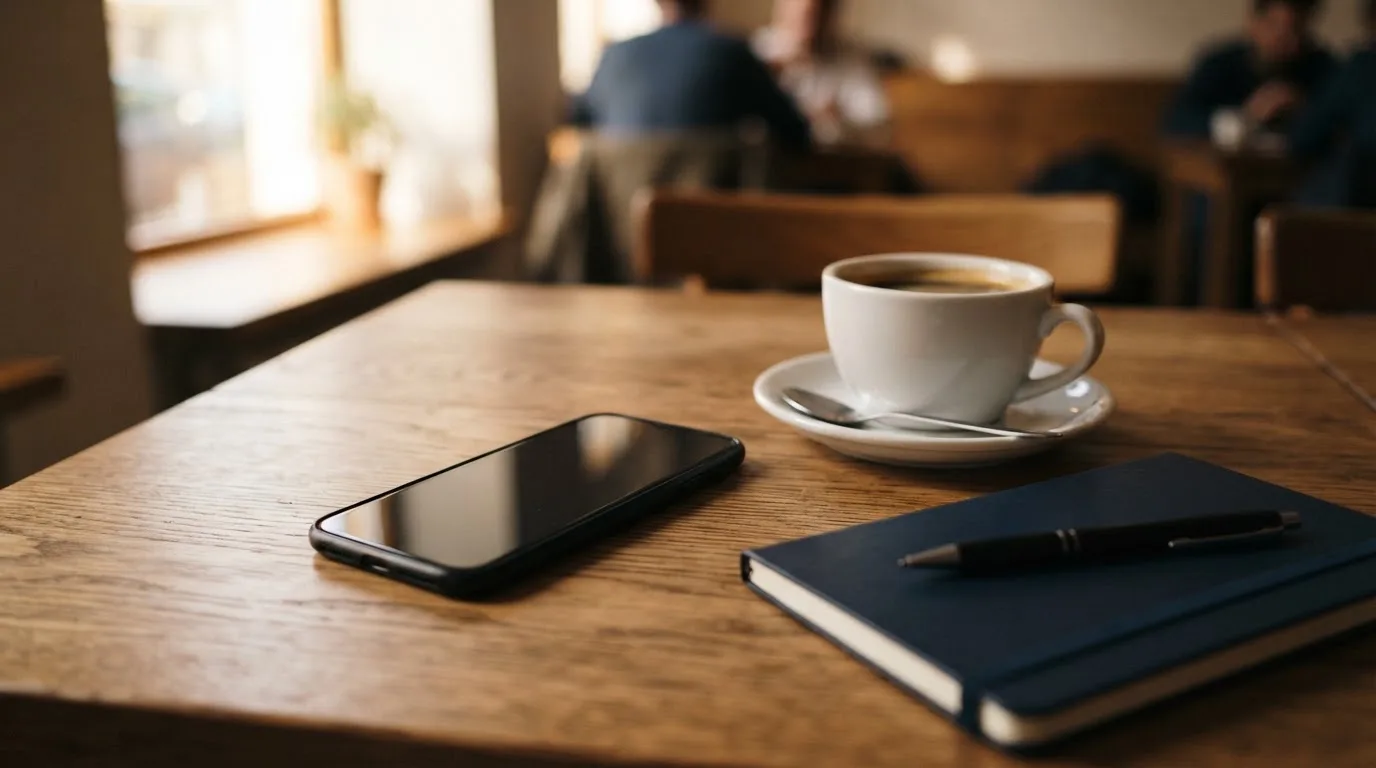 Ein Smartphone liegt mit schwarzem Display neben einer Kaffeetasse und einem Notizblock auf einem Café-Tisch.