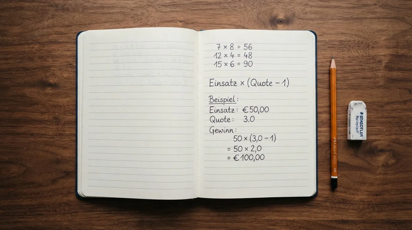 Ein Notizbuch mit handschriftlichen Multiplikationen liegt aufgeschlagen auf einem Holztisch, daneben ein Bleistift und ein Radiergummi.