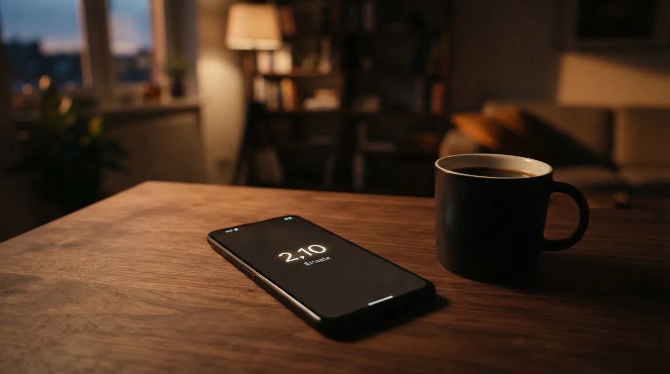 Ein Smartphone mit dunklem Display liegt neben einer Kaffeetasse auf einem Schreibtisch, durch das Fenster fällt Abendlicht.