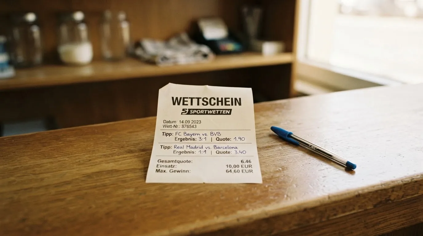 Ein leerer Wettschein aus Papier liegt neben einem Kugelschreiber auf einem Tresen, im Hintergrund unscharf ein Regal.