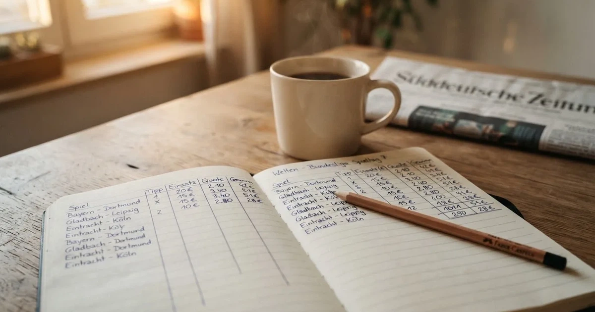 Ein aufgeschlagenes Notizbuch mit handgezeichneten Spalten und Strichen liegt neben einem Bleistift und einer Kaffeetasse auf einem Tisch am Morgen.