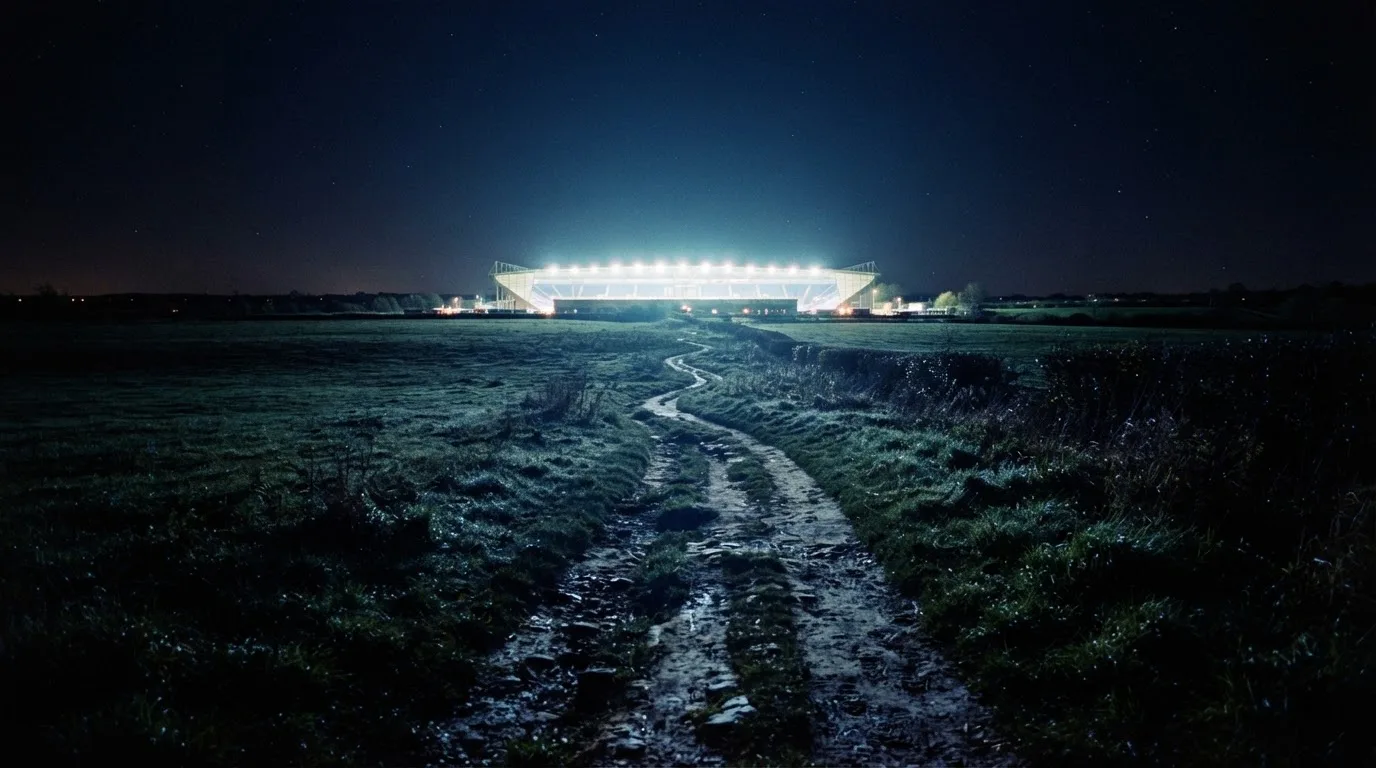 Ein Stadion unter Flutlicht von weitem gesehen, davor ein Feld und ein Feldweg im Dunkeln.